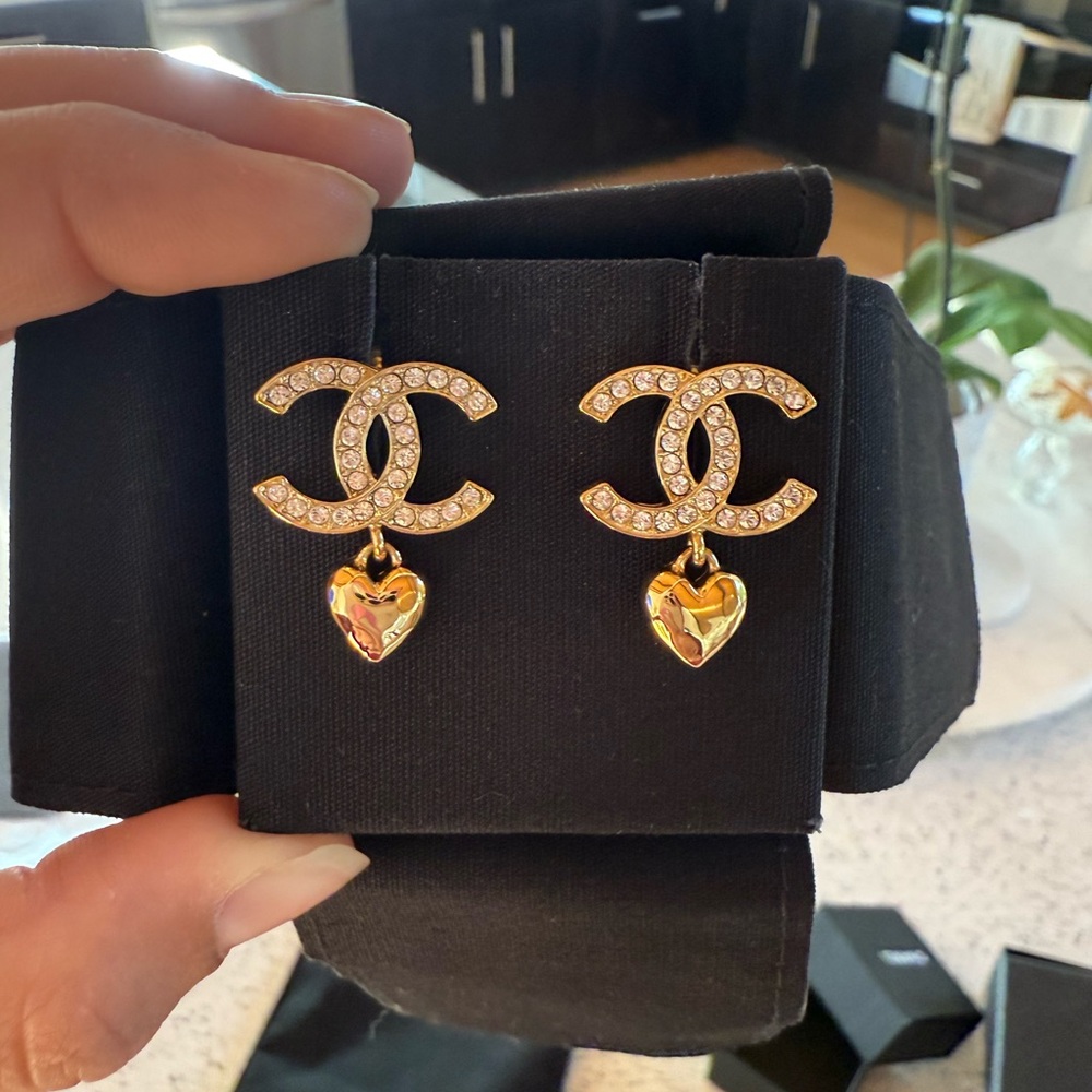 CHANEL Gold Logo Earrings with Heart Charm